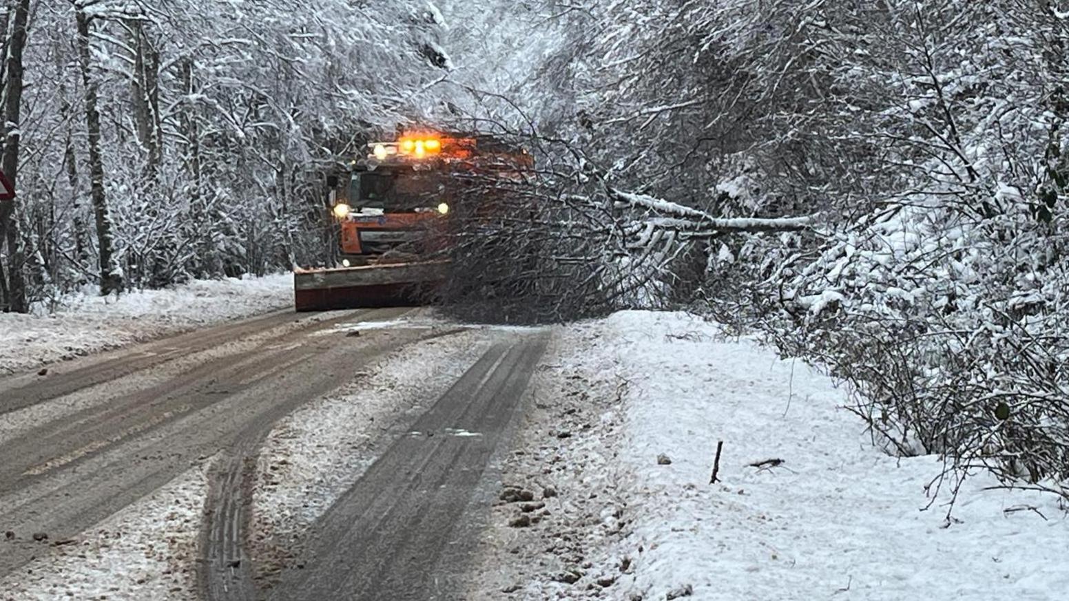 Një borëpastruese që pastron pemët e rrëzuara që bllokojnë një rrugë të mbuluar nga bora
