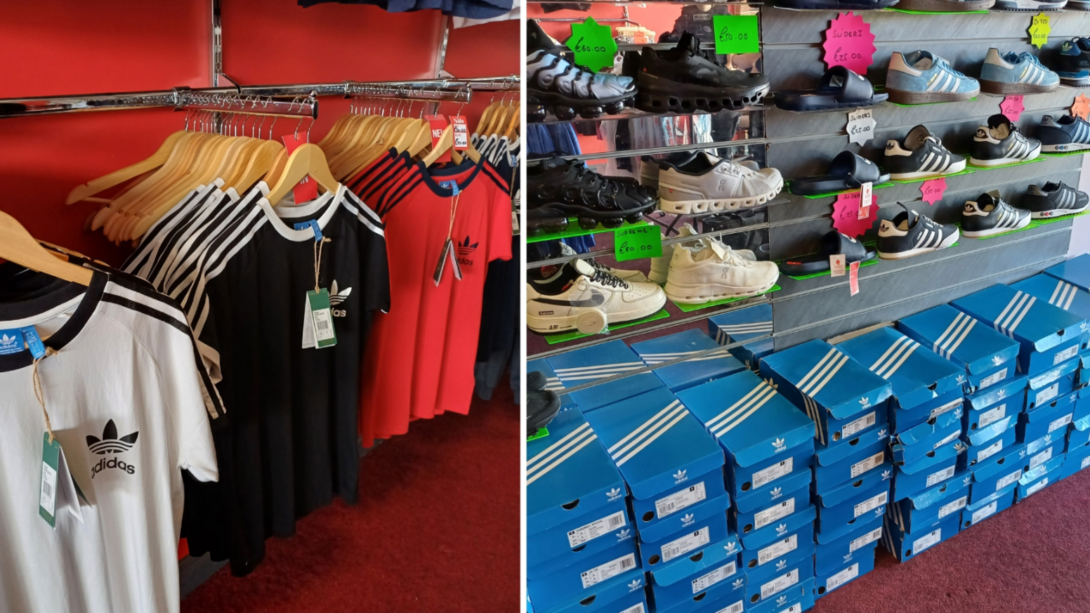 Photographs from a recent Trading Standards raid show fake Adidas white, black and orange tops on hangers with price tags. The other photograph depicts shelves of fake trainers with neon stickers labelling their price. Below the shelves are countless blue Adidas trainer boxes.
