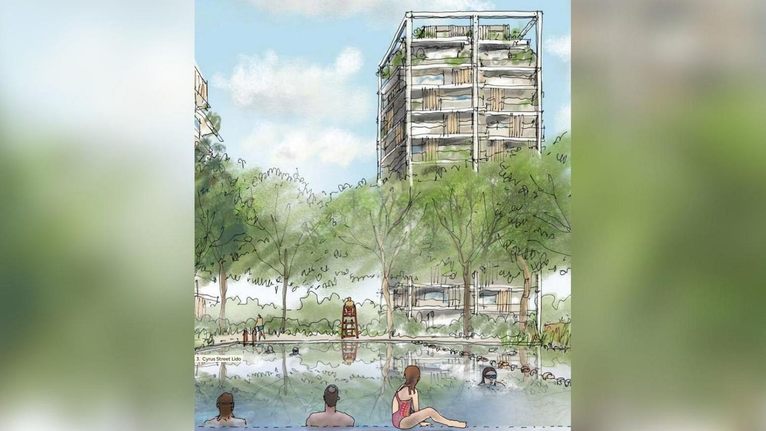 People are seen swimming and sitting on the side of a lido in this artist's impression. Two high-rise buildings can be seen in the background, along with trees and shrubs.