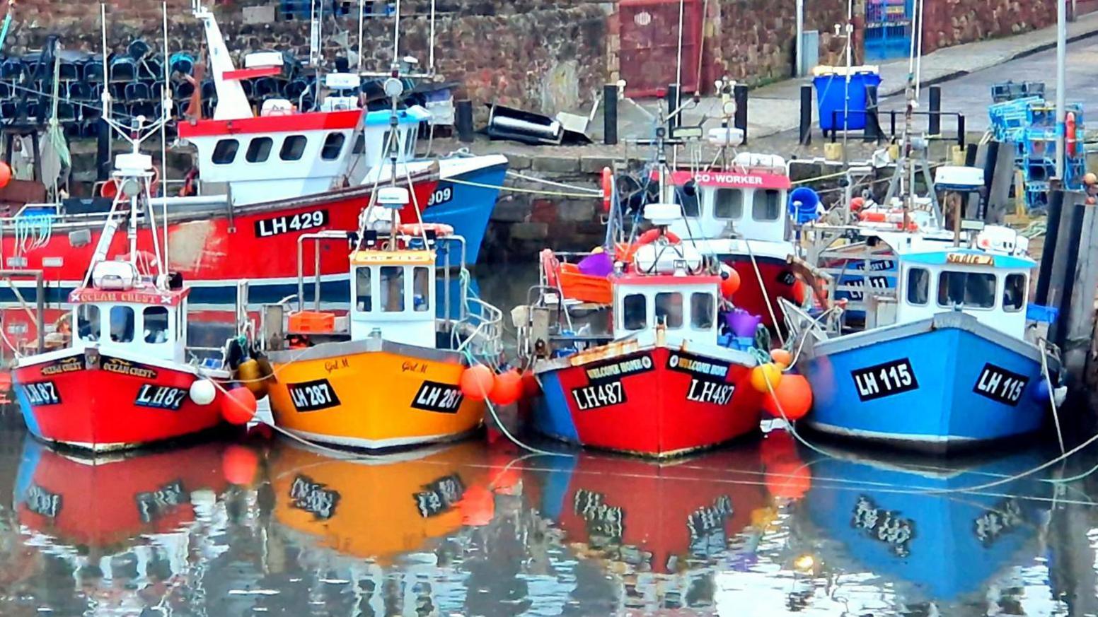 The small fishing boats are the colours of red, yellow and blue. The boats are reflected in the harbour waters. 