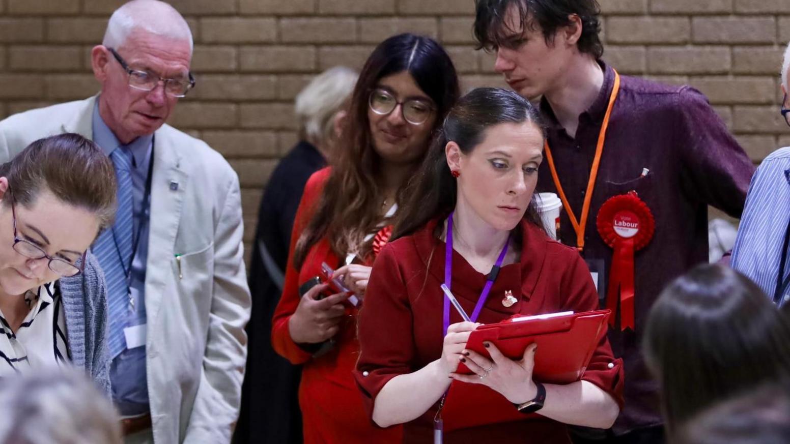 Politicians at the North Herts Council election count, leader Elizabeth Dennis is pictured centre