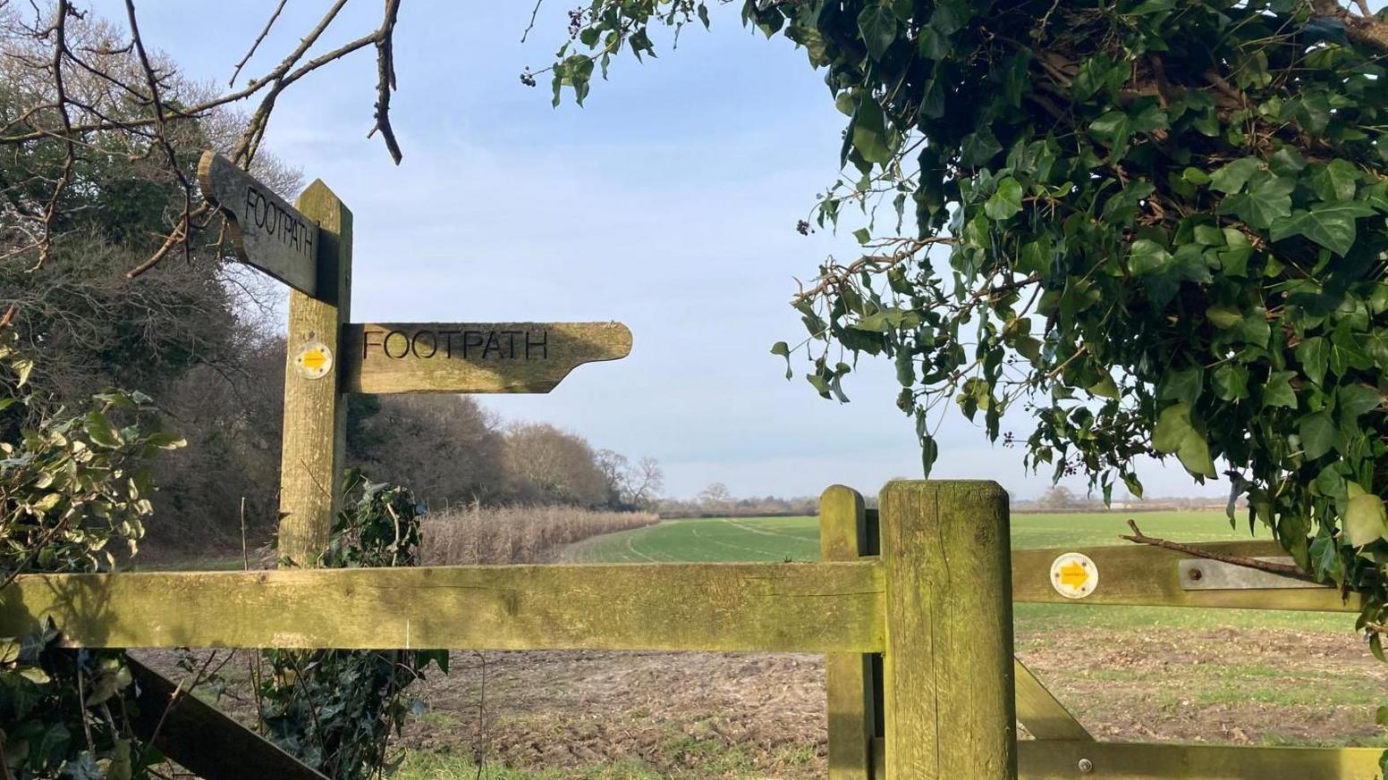 A stile, with a field behind it and a row of trees to the left. A wooden sign indicating a footpath points to the right, and another towards the camera.