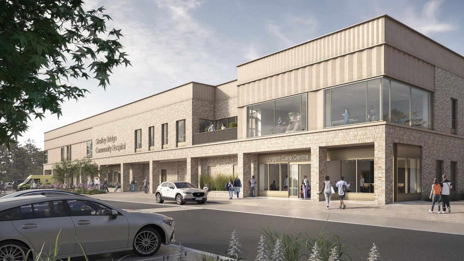 An artist's visualisation of the two-storey grey brick building with large windows. A sign on the front reads Shotley Bridge Community Hospital.
