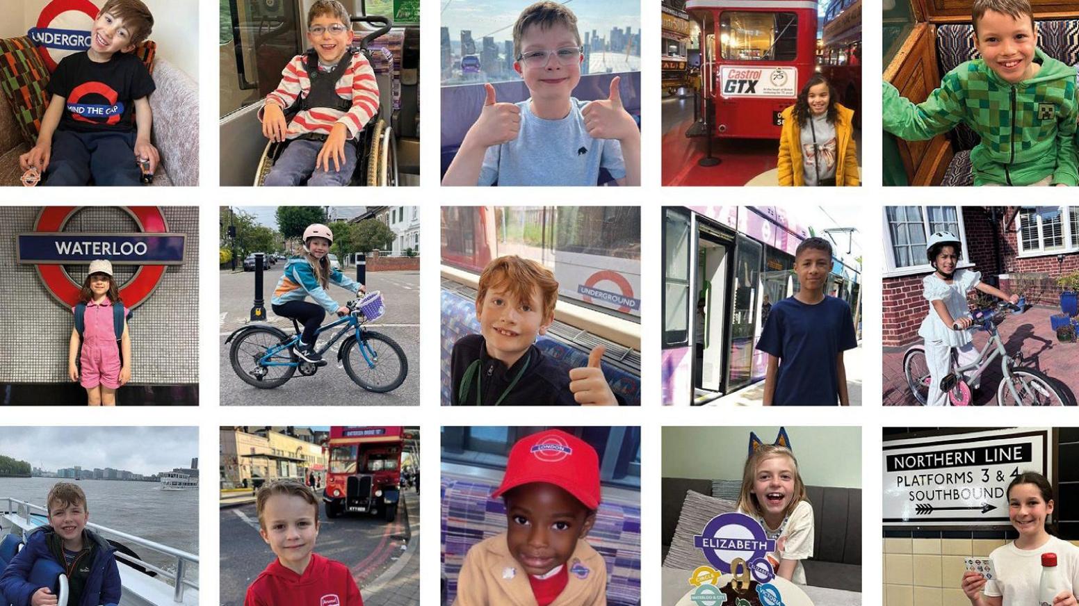 Grid of photos showing young people with various transport images