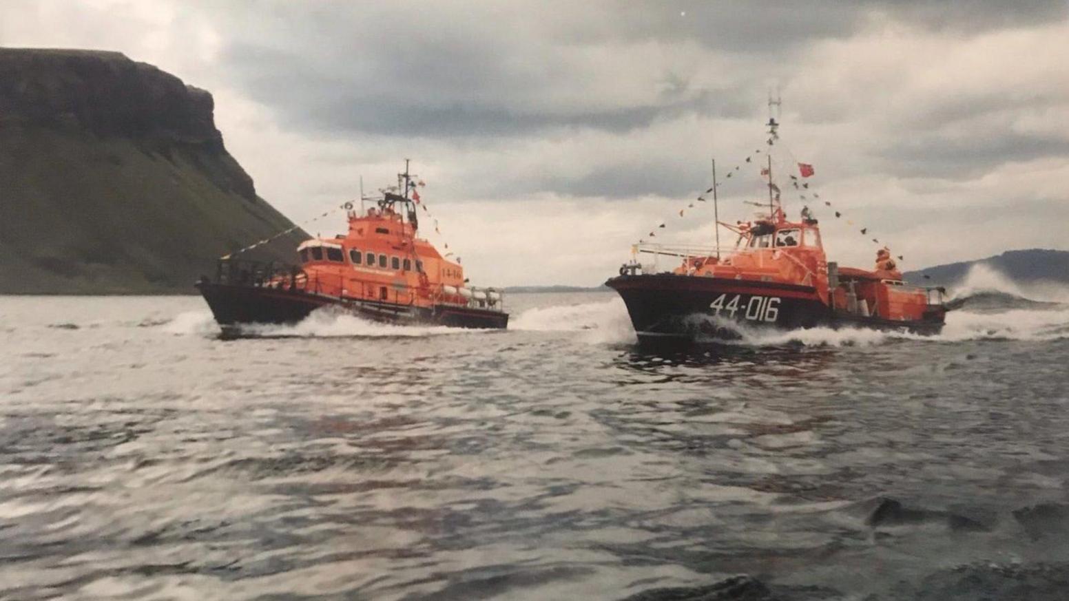 The current Trent class lifeboat at Portree, the Stanley Watson Barker next to its predecessor, the Waveney-class Ralph and Joy Swann, in 1996.