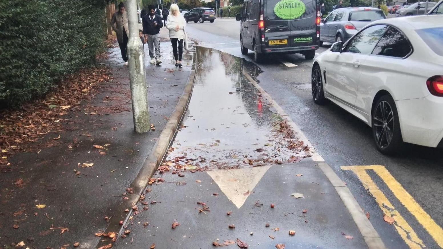 A large puddle obstructing a cycle lane. There are leaves in it. To the right, a car and a bus are driving past.