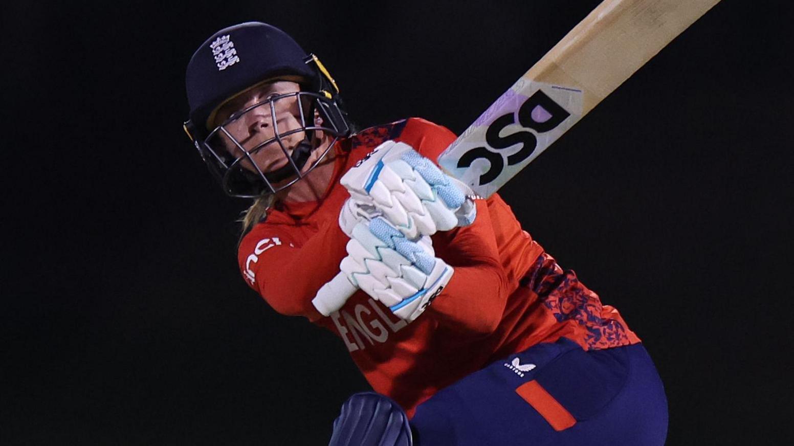 Danni Wyatt-Hodge of England plays a shot against New Zealand in a T20 World Cup warm-up match