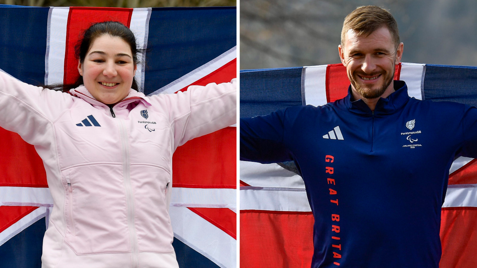Head shots of Menna Fitzpatrick and Scott Meenagh posing with the Great Britain flag ahead of the 2026 Winter Paralympics