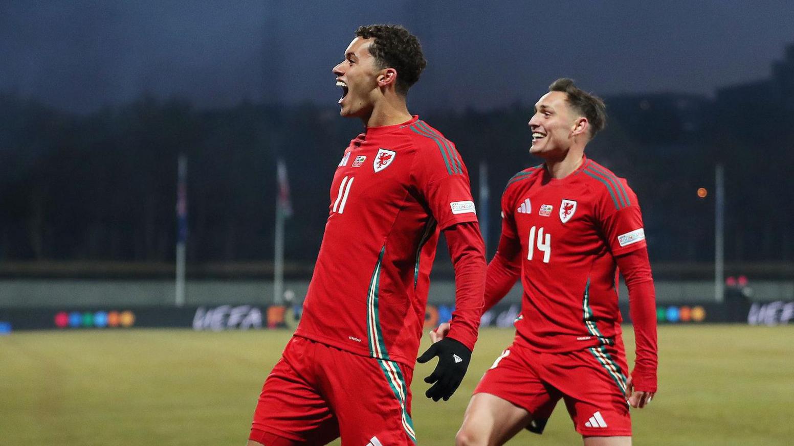 Wales winger Brennan Johnson celebrates his opening goal in Iceland