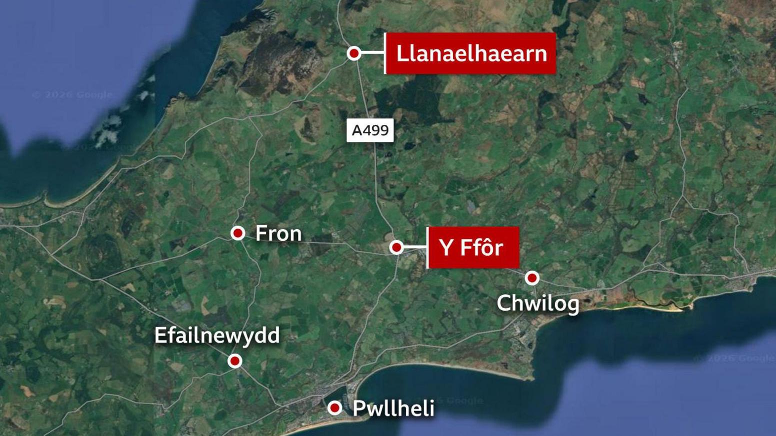 Map yn dangos yr A499 rhwng Llaneaelhaearn ac Y Ffôr