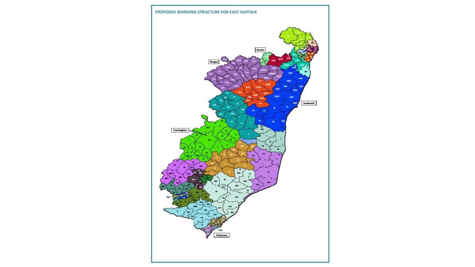 East Suffolk Council proposed ward map, April 2018