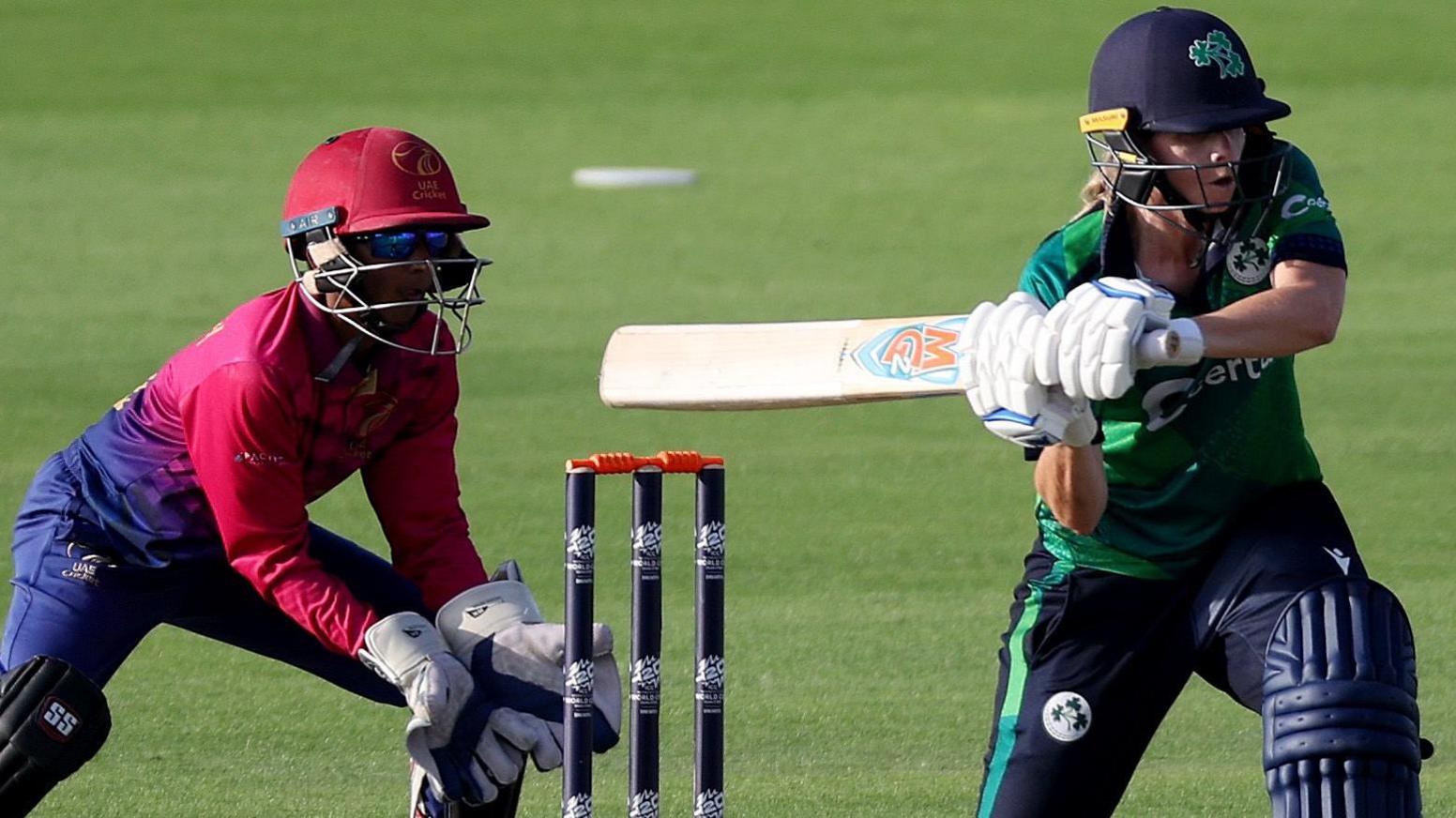 Eimear Richardson attempts a cut shot in Thursday's opening game at the T20 World Cup qualifier 