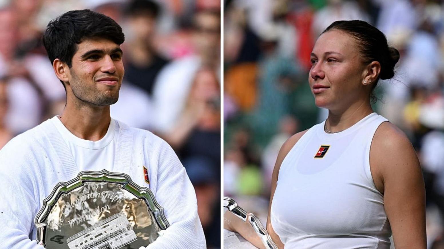 Carlos Alcaraz and Amanda Anisimova with their Wimbledon runner-up trophies