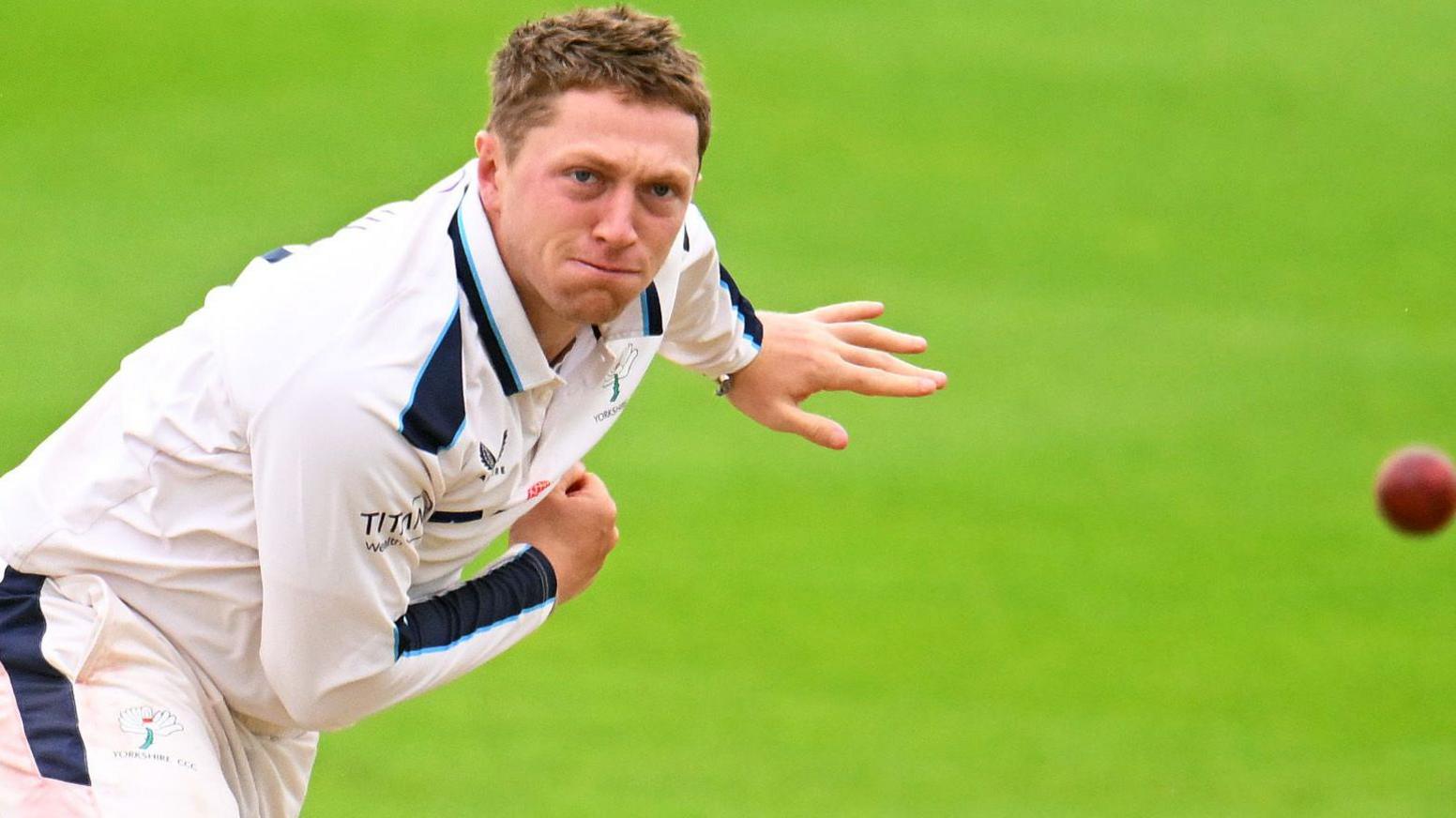 Yorkshire off-spinner Dom Bess bowling against Somerset in a County Championship match in September 2025