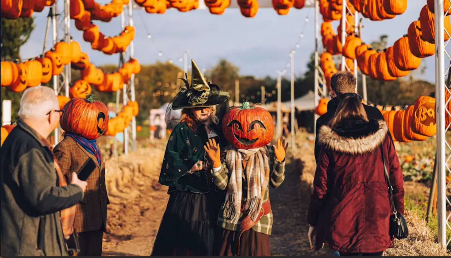In the centre of the image a child poses with a pumpkin on their head, to their left is a witch with a dark green shawl and green and gold point hat.
To their left is another person looking at them with a pumpkin on their head. To their right, a couple walks into the lane which is line with orange pumpkins hanging on rows.