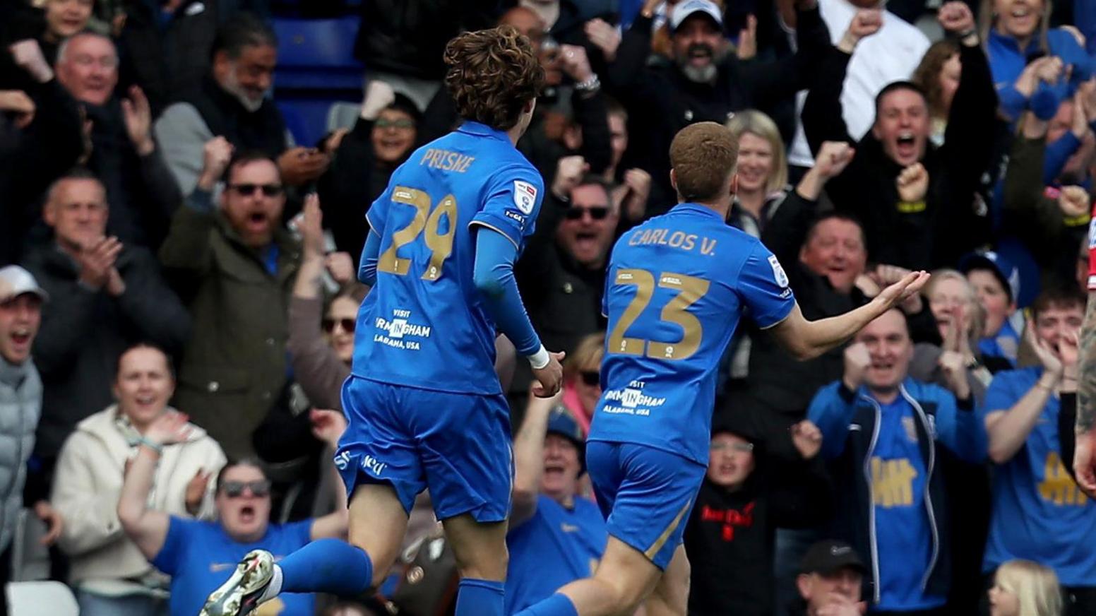 Birmingham City's Carlos Vicente (right) celebrates with August Priske (left)