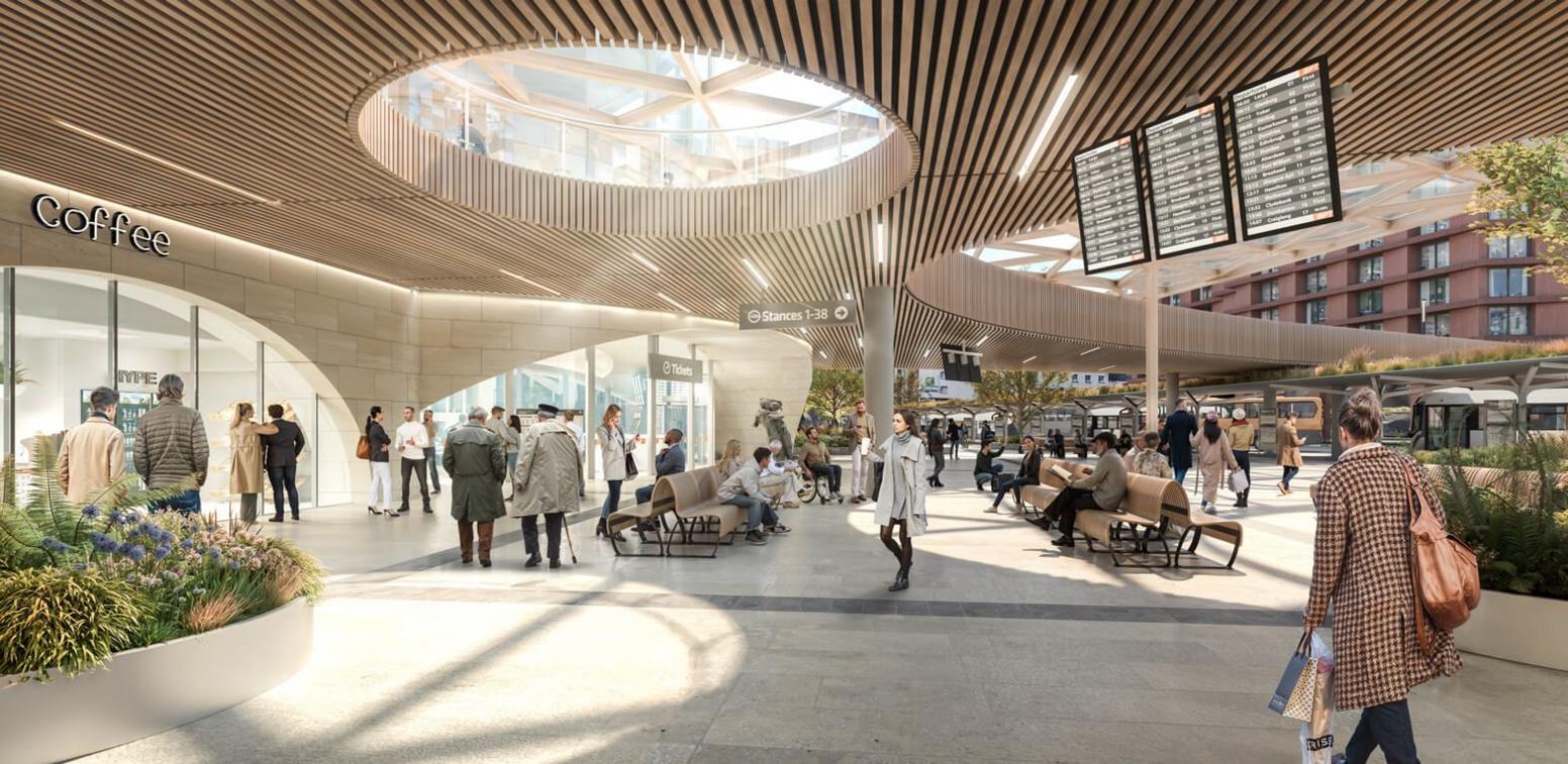 An artist's impression of a concourse and waiting area at a bus station, showing people milling about and sun shining through skylights