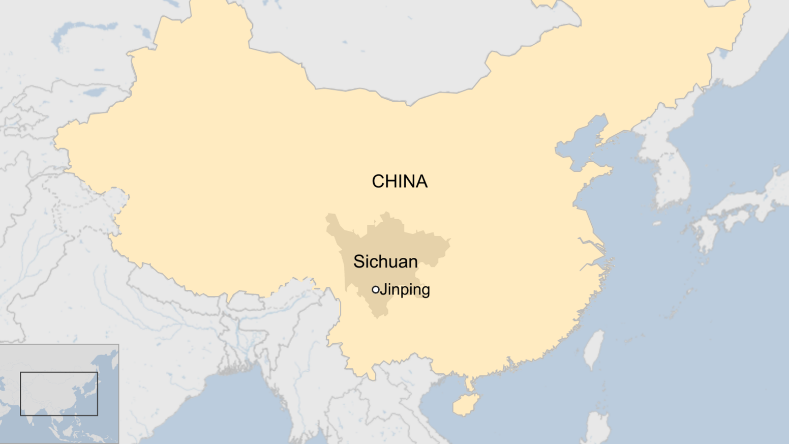 Map: A map showing the country of China. Within the borders of China, Sichuan province in the central southwest is highlighted