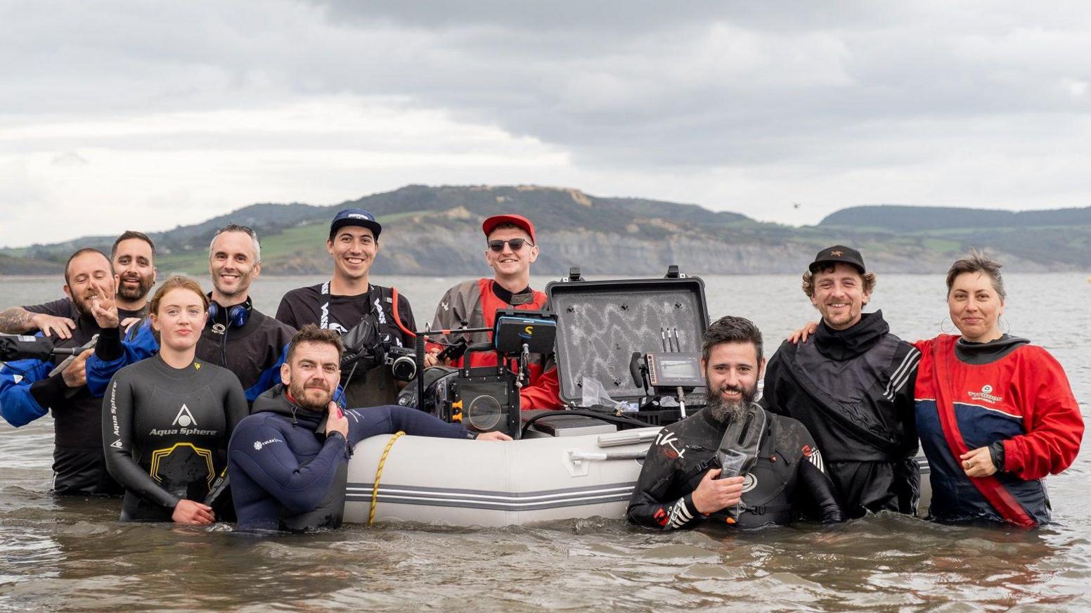 Andy with cast and crew of the show, in the sea