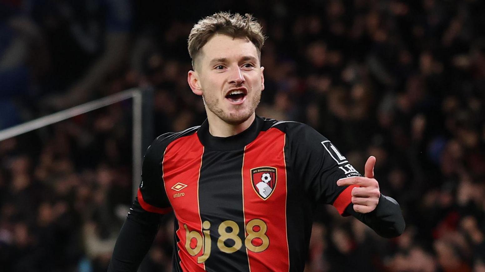 David Brooks of Bournemouth celebrates scoring against Everton