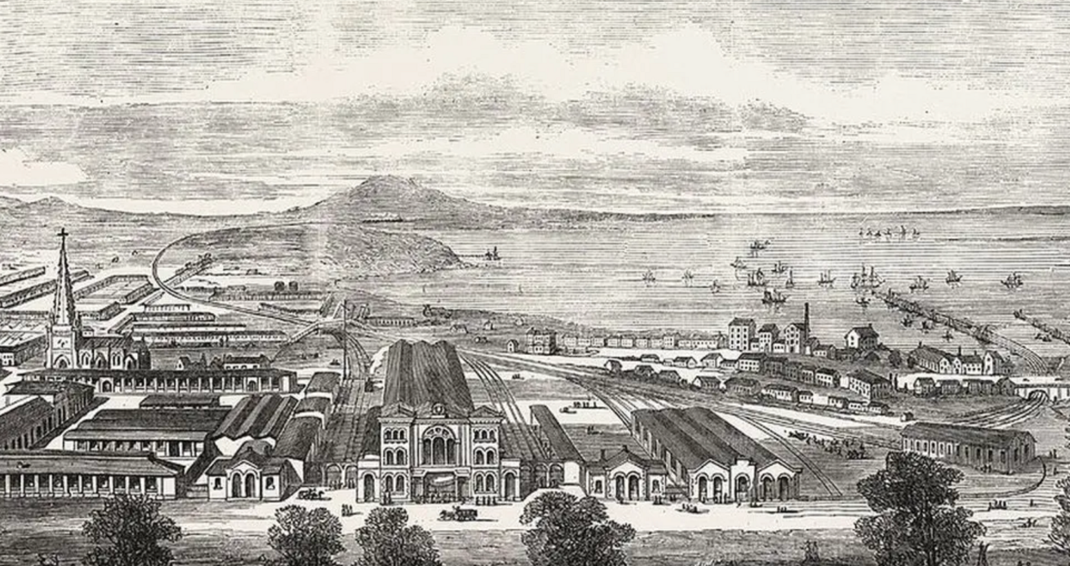 An artists impression of Melbourne in the 1800s. A large landscape sketch with various buildings by the sea. There are boats in the water and mountains in the background. 