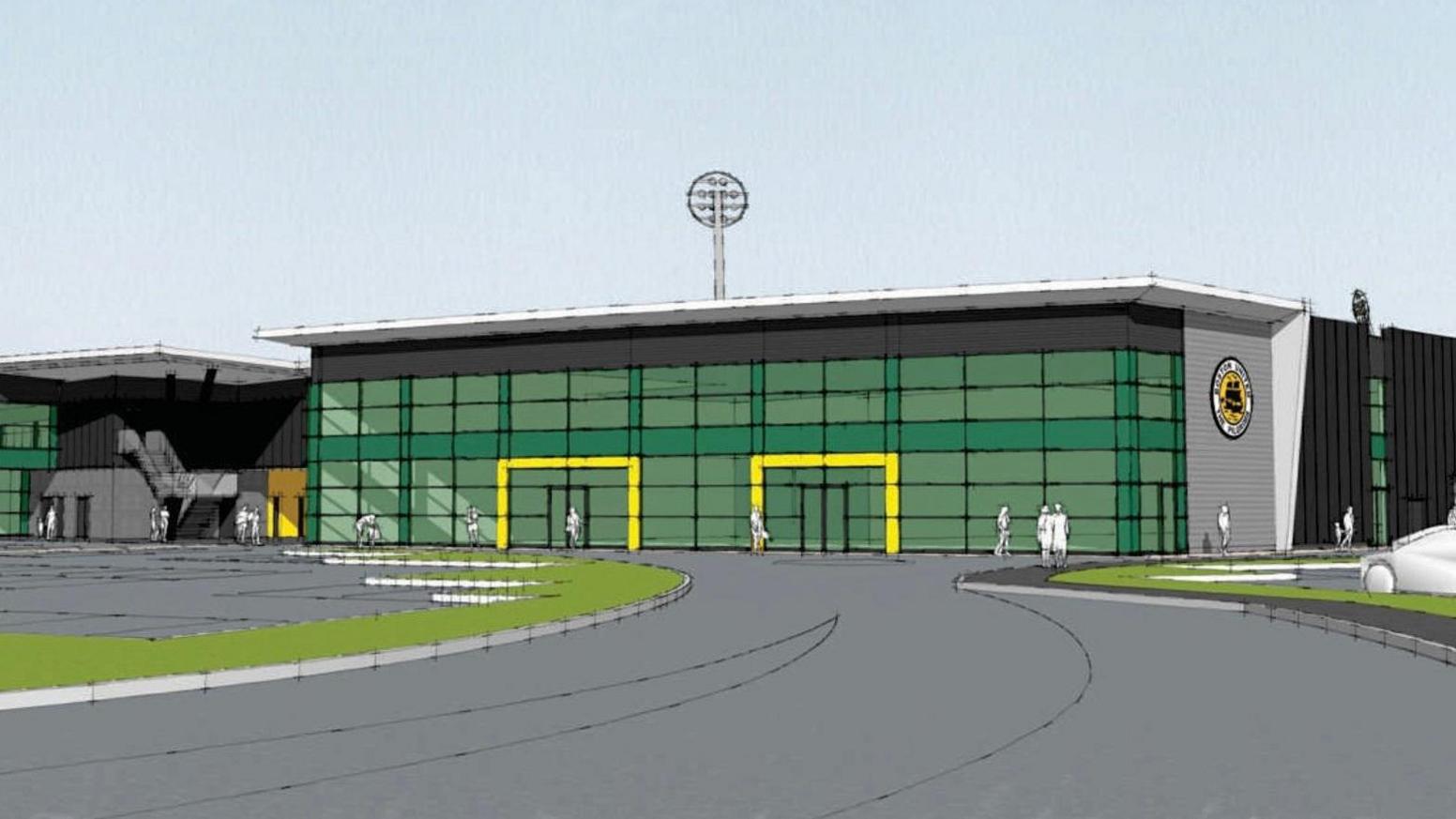 Artist's impression of the South Stand and sports hub. It is a glass-fronted building with the teams' logo on the side of the stand.