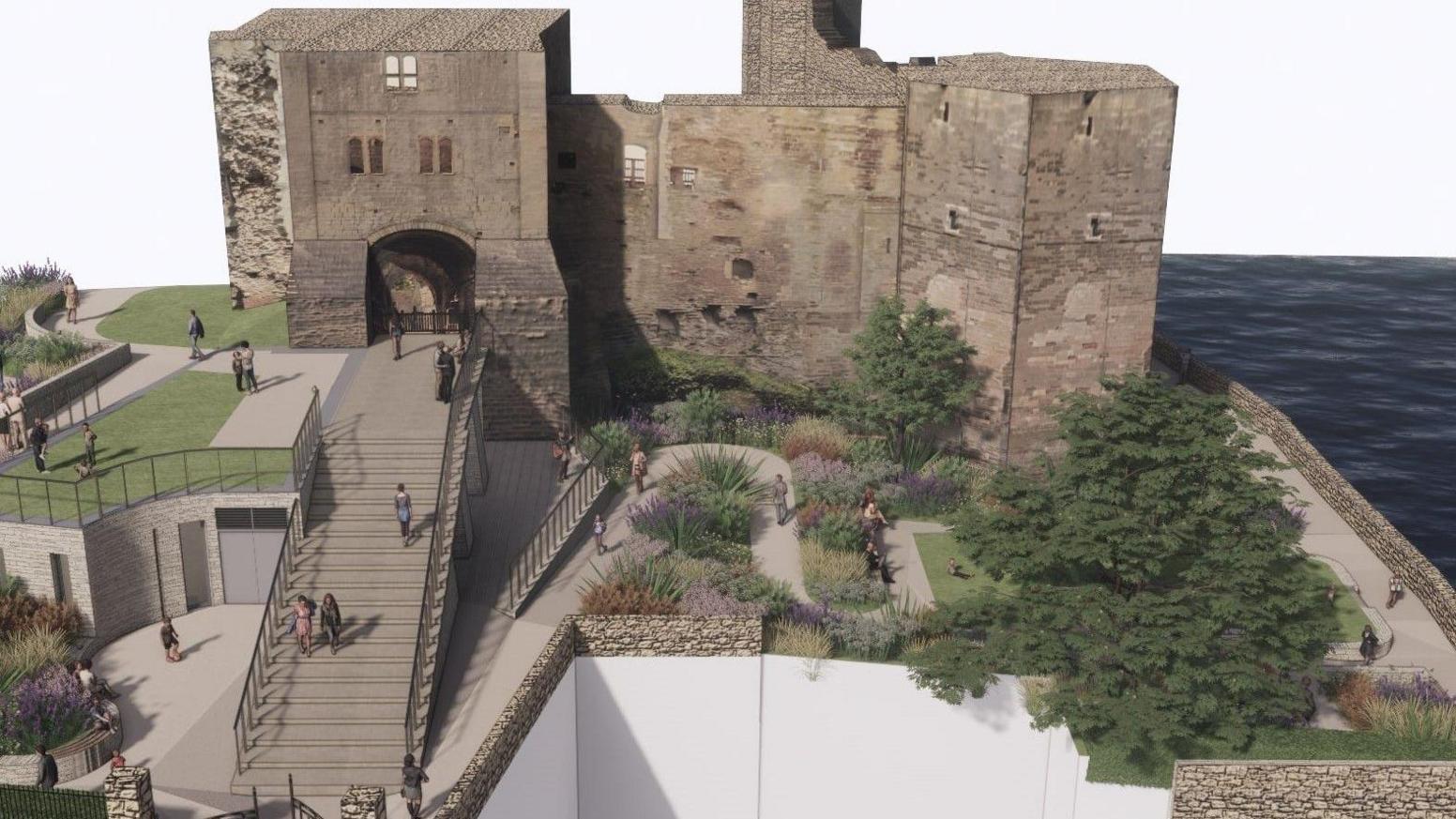Artist's impression of the new steps and gardens outside the castle gatehouse