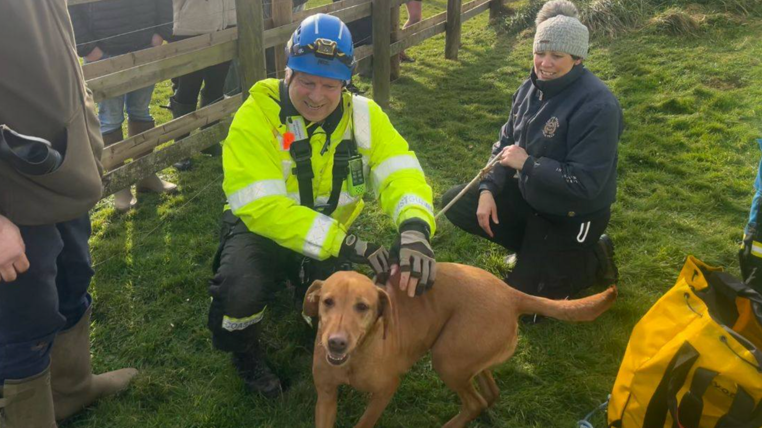 A brown dog stands on grass next to a smiling rescue worker in a high-visibility yellow jacket and blue helmet. A woman in a dark jacket and grey beanie holds the dog's lead, also smiling. A wooden fence and a few people are visible in the background. A yellow rescue bag is on the ground in the right hand corner.