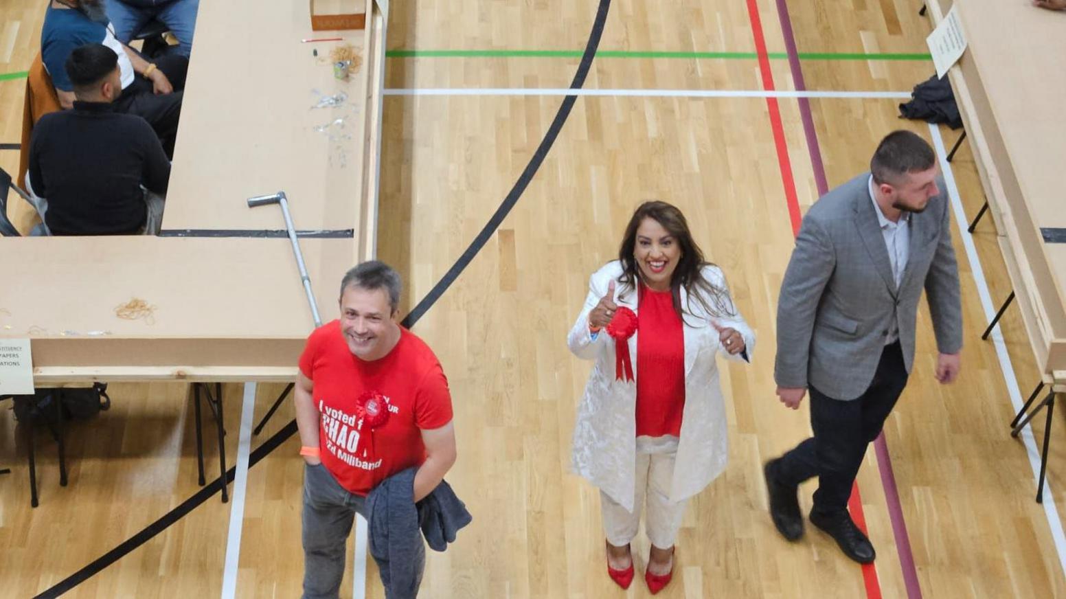 Bradford West's Naz Shah giving a thumbs up to the gallery ahead of the count