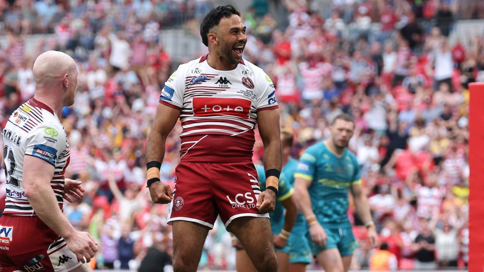 Bevan French celebrates his try for Wigan Warriors in the 2026 Challenge Cup final at Wembley Stadium