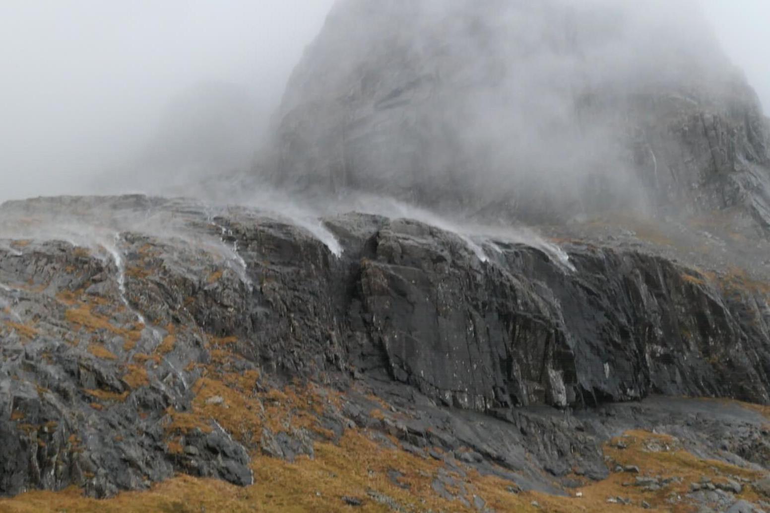 High winds blowing waterfalls on Ben Nevis