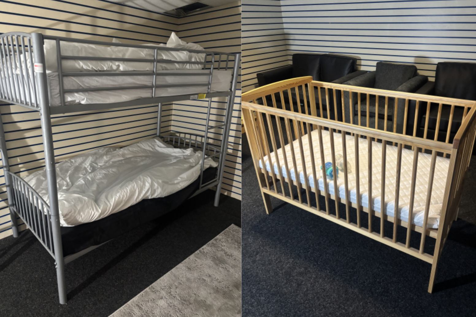 Two images are side-by-side. One shows a grey bunk bed and the other a wooden cot. Both are on dark grey carpet and in front of a stripey cream and black wall.