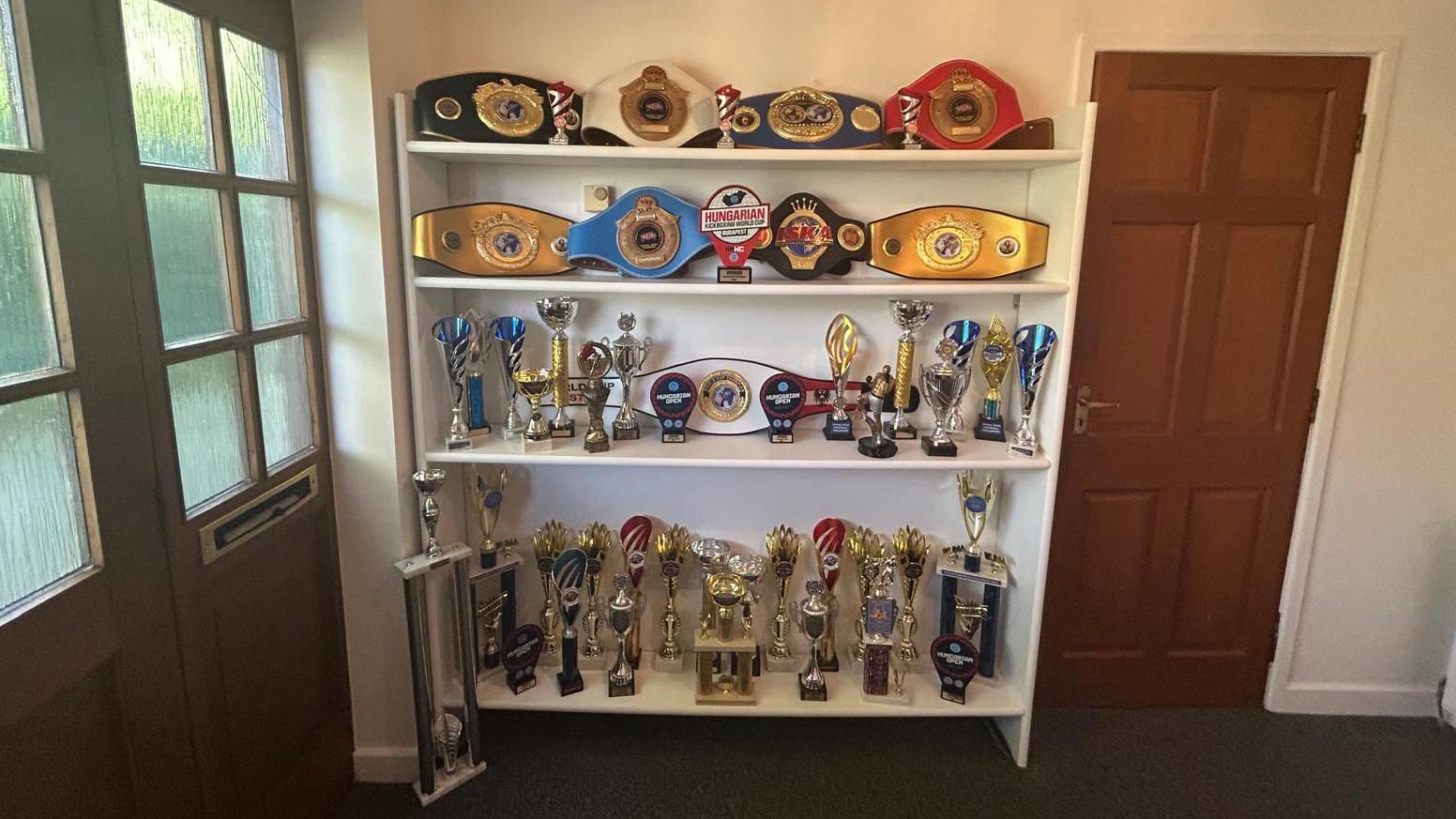 A cabinet of four shelves is filled with belts and trophies