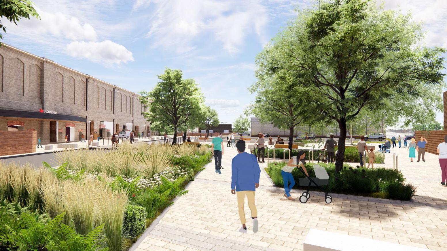 A CGI of how Carlisle Station could look. A new square outside the station entrance contains a paved area between sections of trees and planted areas. 