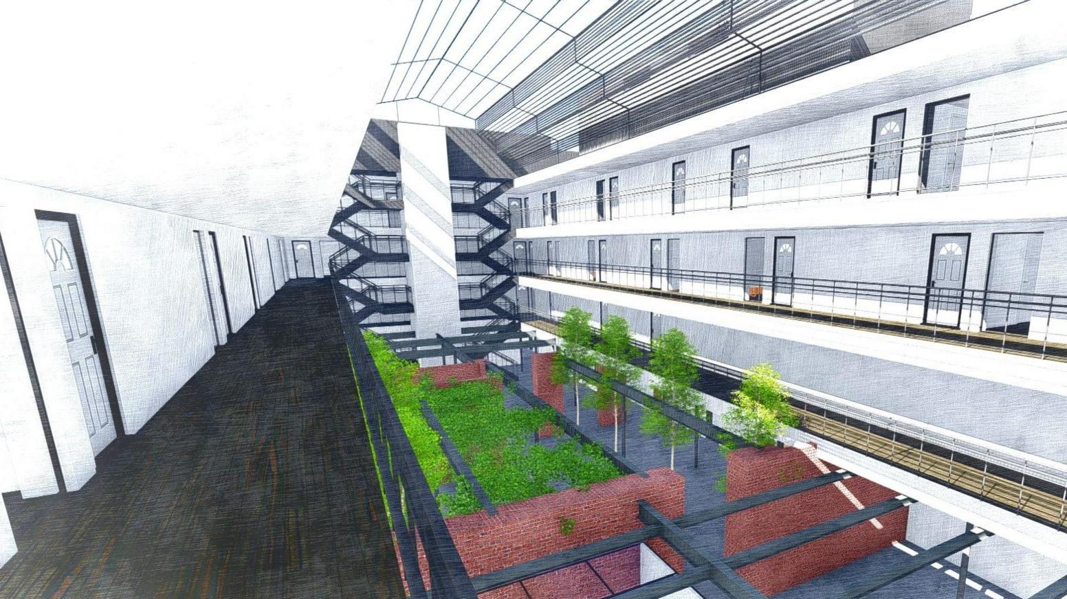 An artist's impression of the interior of the additional floors, complete with mezzanine floor looking down on a covered garden area with some trees and office space