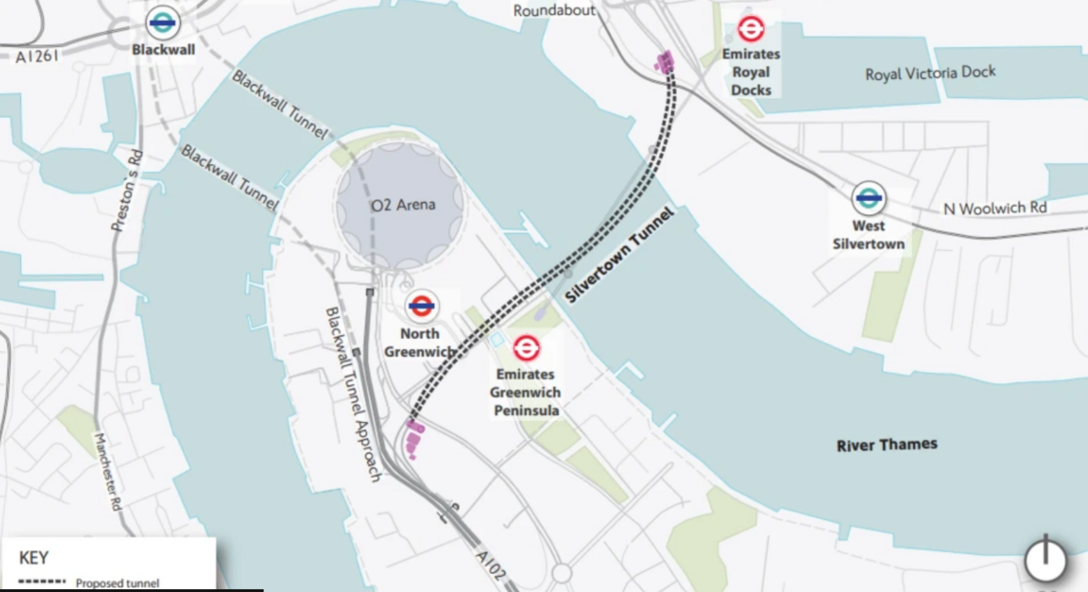 A map of the route of the new Silvertown Tunnel in London