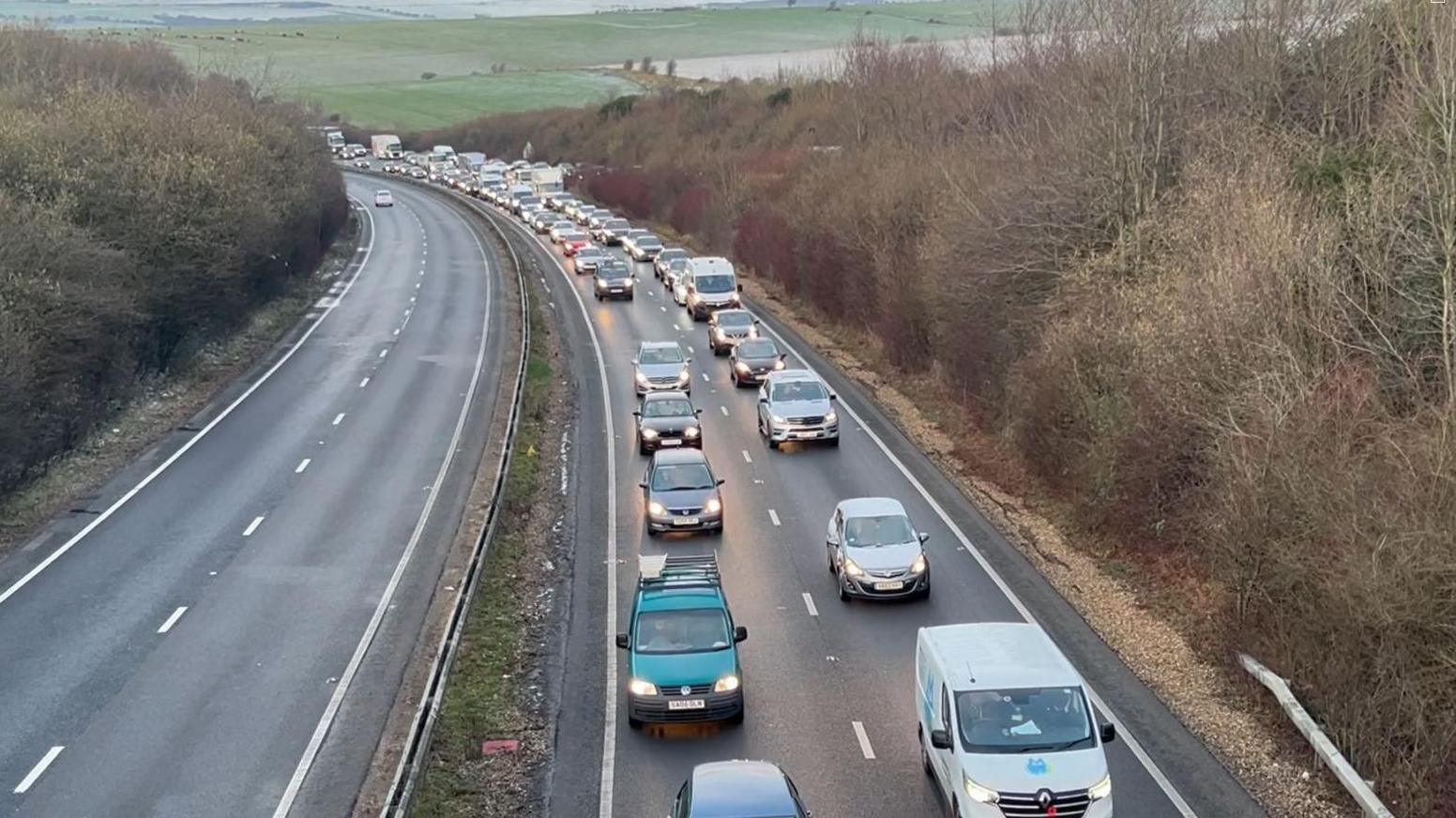 Queuing traffic on the A27 near Falmer