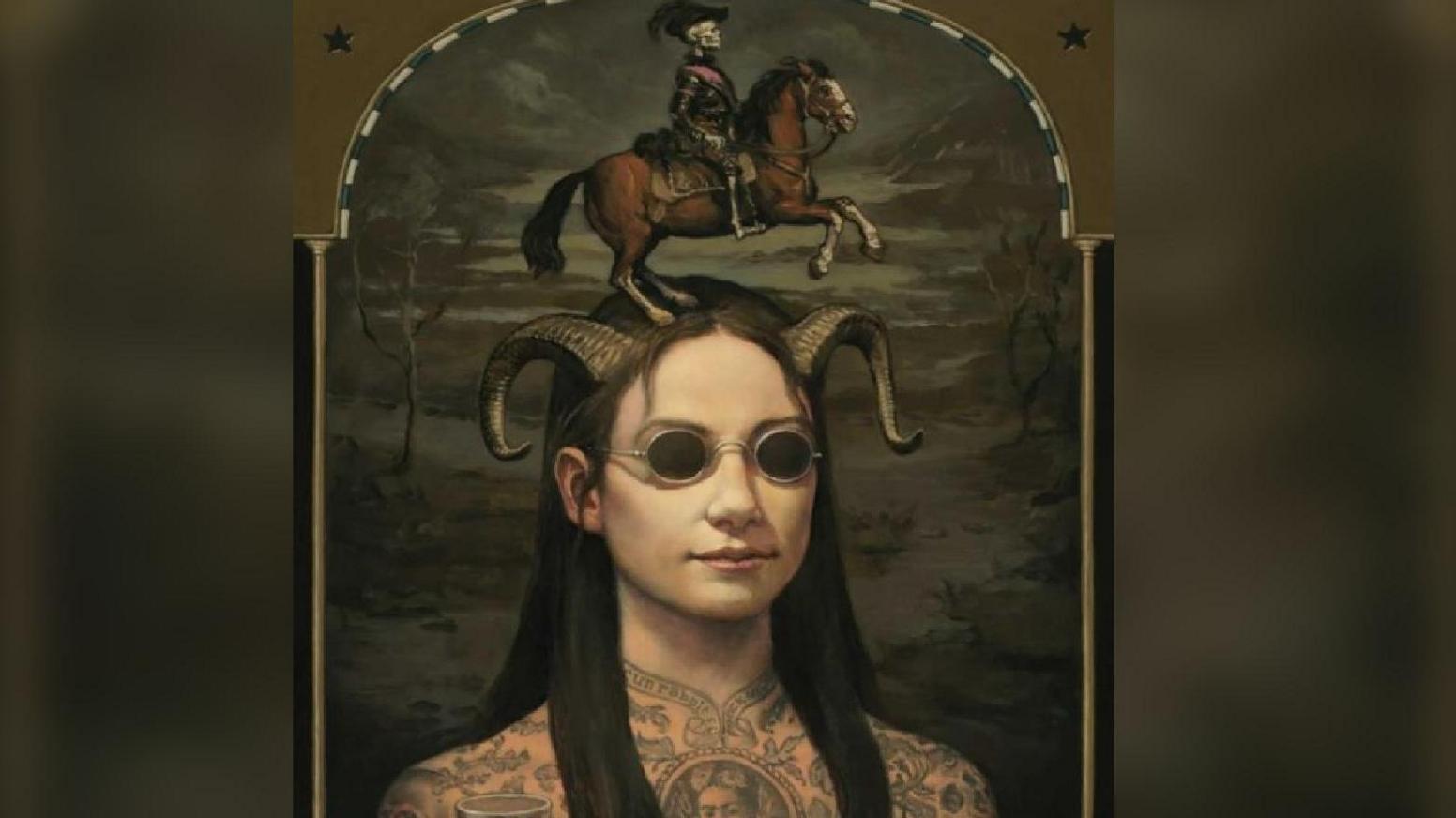 A painting of a heavily tattooed being with long hair and wearing sunglasses with a skeleton riding a brown horse perched on top of their head