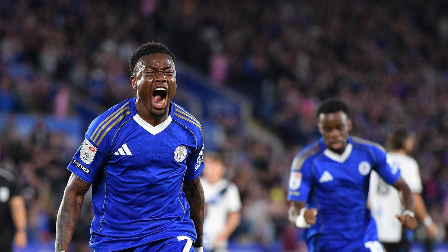 Abdul Fatawu celebrates for Leicester City