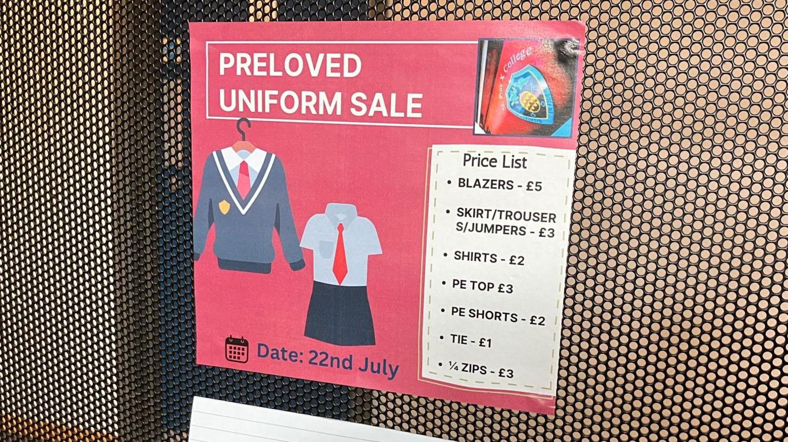 A sign of a 'Preloved Uniform Sale' with a price list for each item