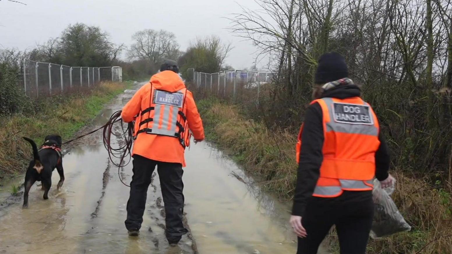 Seen from behind, two dog handlers wearing bright orange high vis jackets with "Dog handler" labelled on the back, and black trousers, walking down a very wet and muddy country lane with a black dog on a lead. There are wire fences lining the lane on both sides, and trees/brambles.