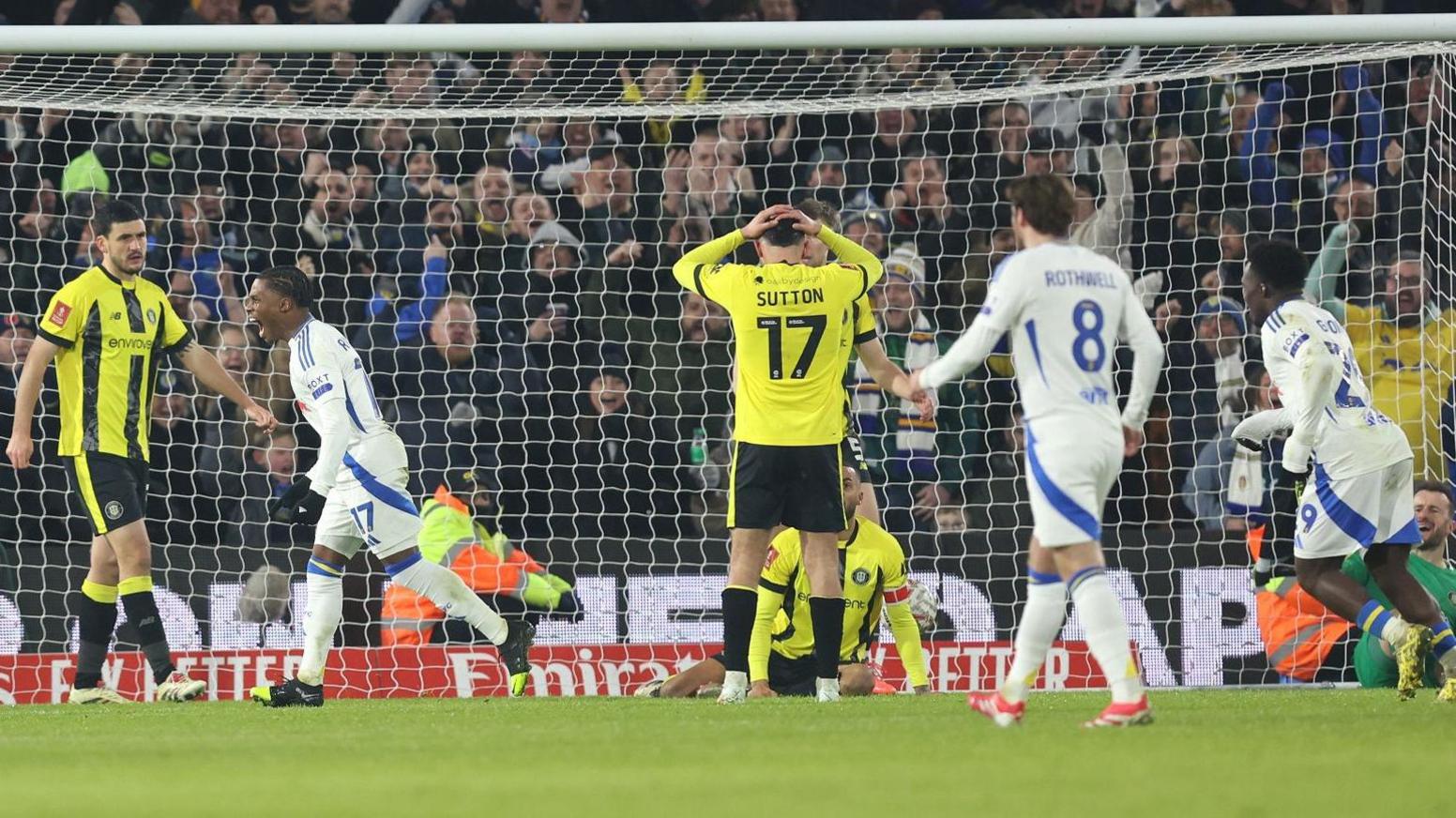 Leeds United's Largie Ramazani celebrates the only goal in their FA Cup win over Harrogate Town