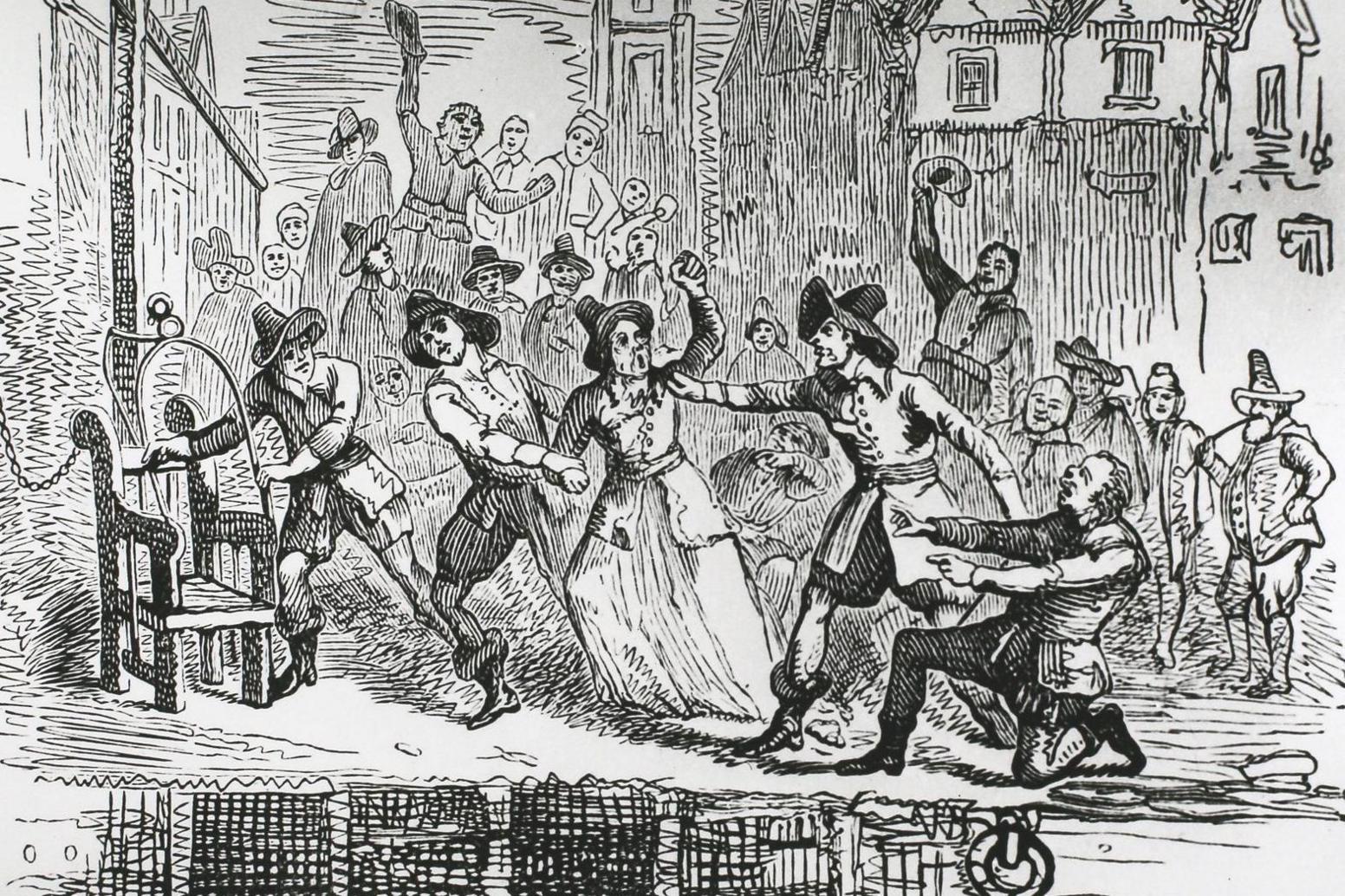 A black and white line drawing showing two men dragging a woman towards a chair attached to a post on the bank of a body of water. Other figures watch and cheer. The people are wearing 17th century-style clothes and buildings of the period can be seen.