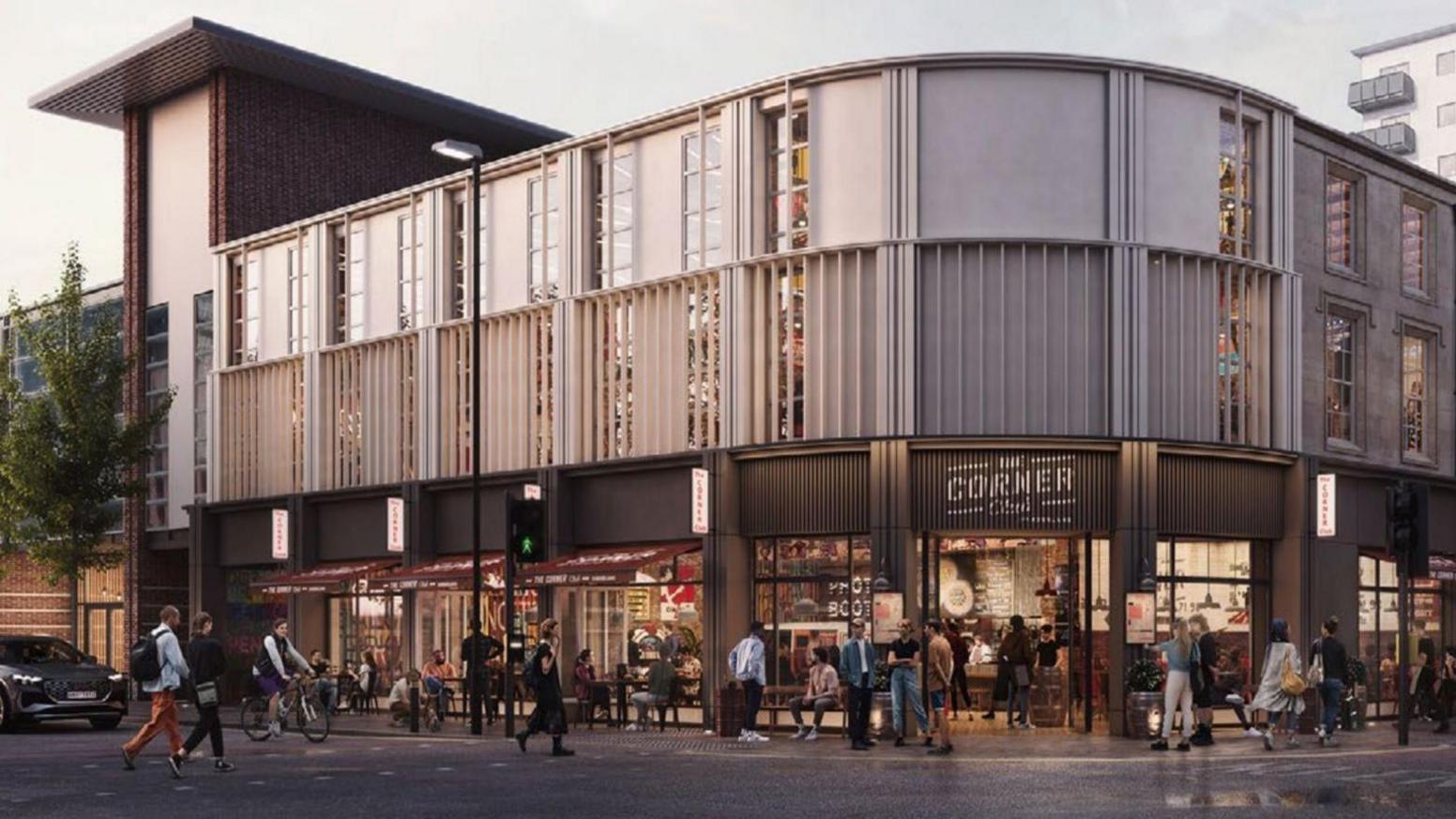 The CGI image shows grey and black metal decor on the exterior of the building. The ground floor has floor to ceiling windows. A sign on the corner plot reads: "The corner cafe".