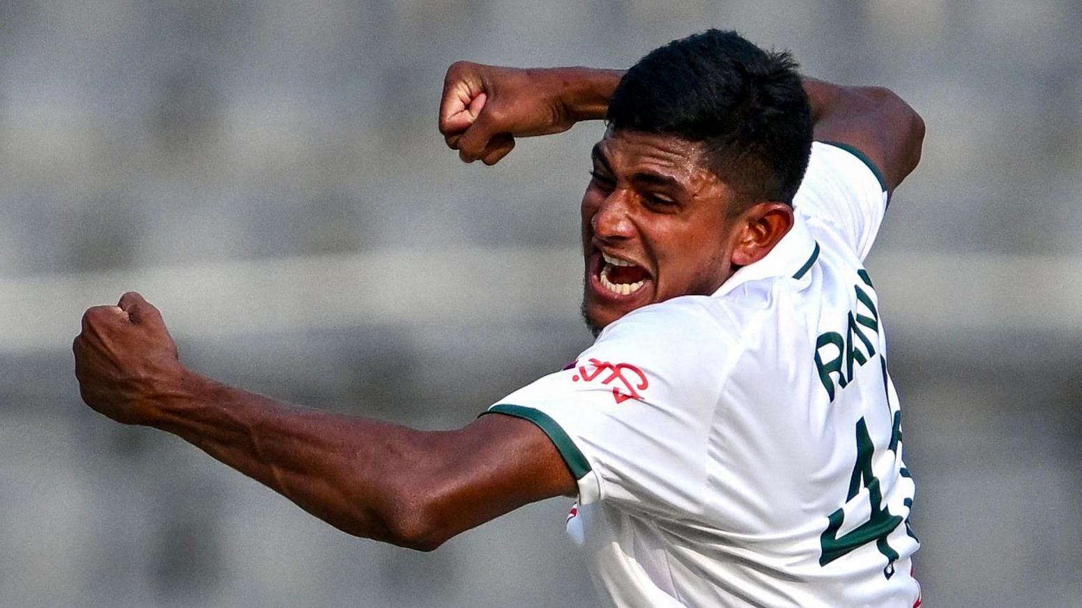 Bangladesh fast bowler Nahid Rana celebrates after taking a wicket against Pakistan
