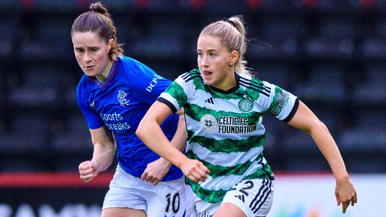 Celtic’s Lucy Ashworth-Clifford (R) and Rangers' Rio Hardy in action during a SWPL match between Celtic and Rangers