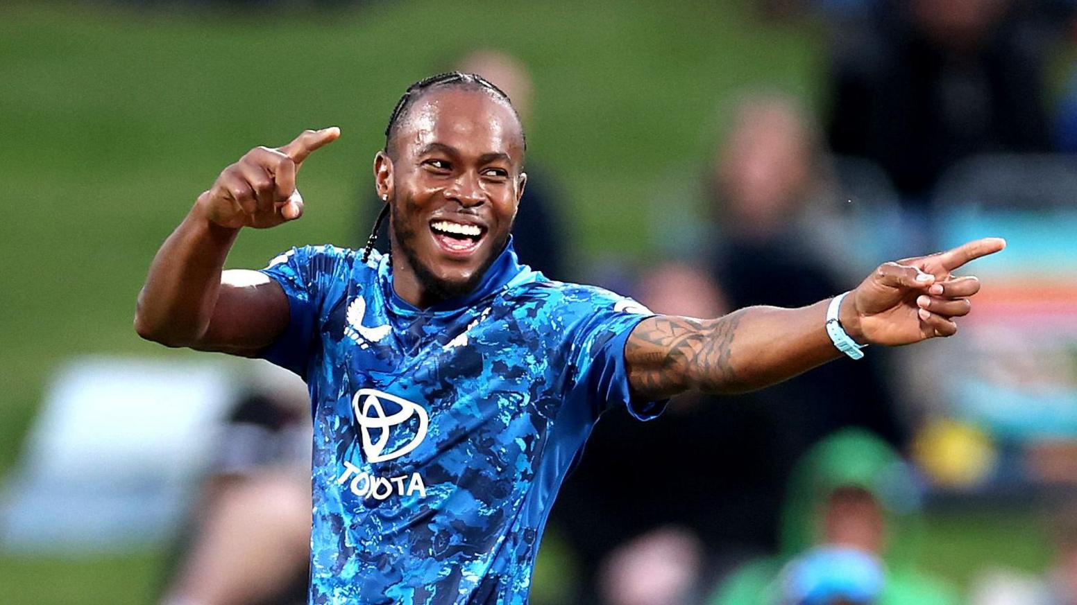 England fast bowler Jofra Archer celebrates taking a wicket