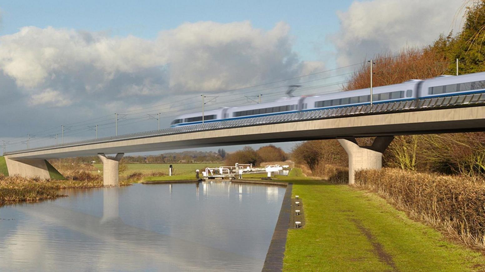 An artist's impression of a high speed train crossing a bridge in the countryside