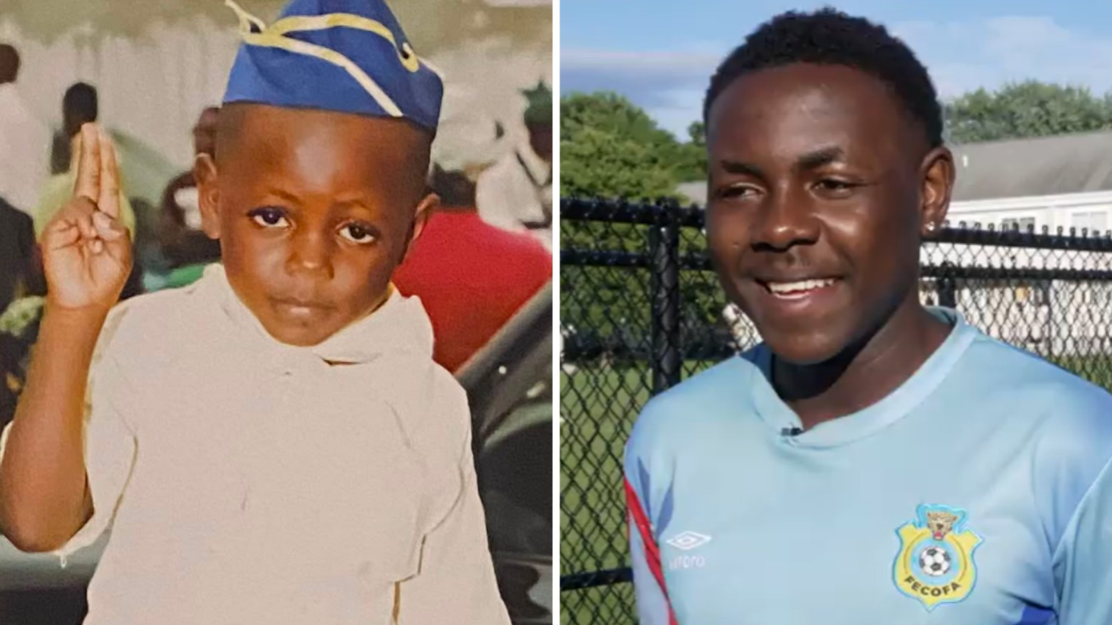 Two images of George Lusolo show him as a young boy in a white shirt and blue and yellow hat holding the index and middle finger up on his right hand, and wearing a blue DR Congo shirt standing in front of a fence on a football field