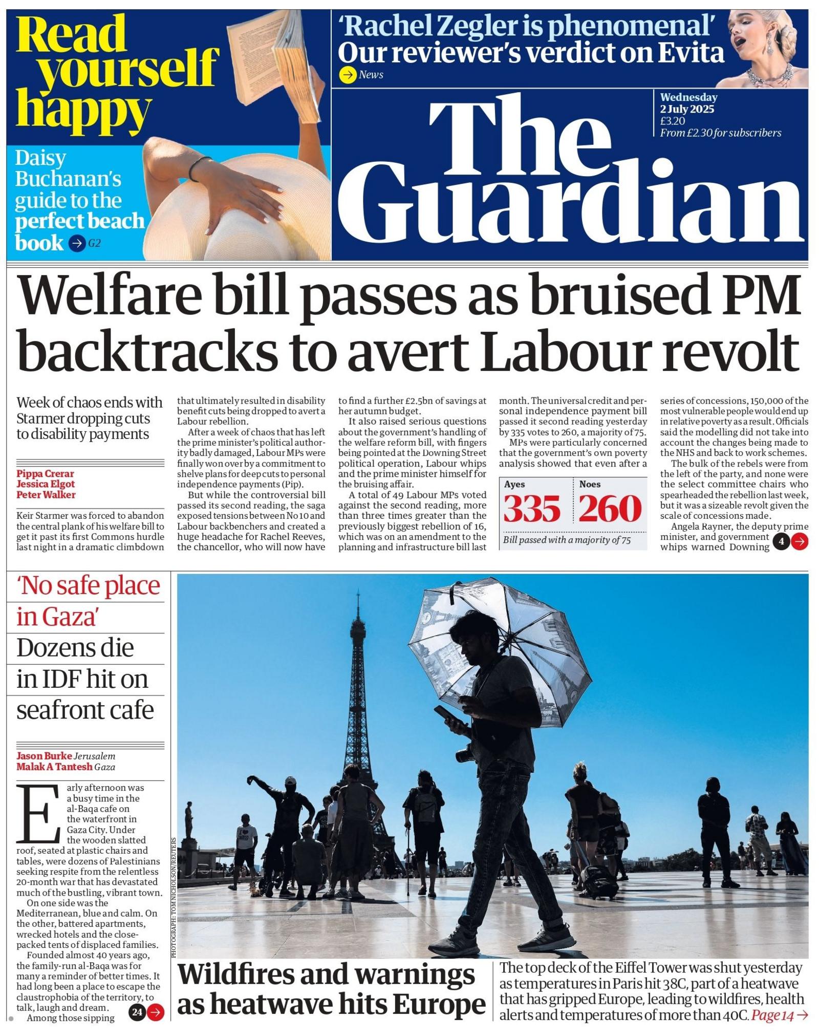 "Welfare bill passes as bruised PM backtracks to avert Labour revolt" reads the headline on the front page of The Guardian.
